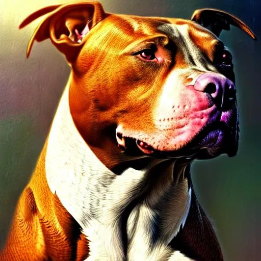 Prompt: portrait of a pit bull, dominant, submissive, shiny,fantasy, highly detailed, realistic, digital painting, artstation, smooth, sharp focus, illustration, art by artgerm and greg rutkowski and alphonse mucha