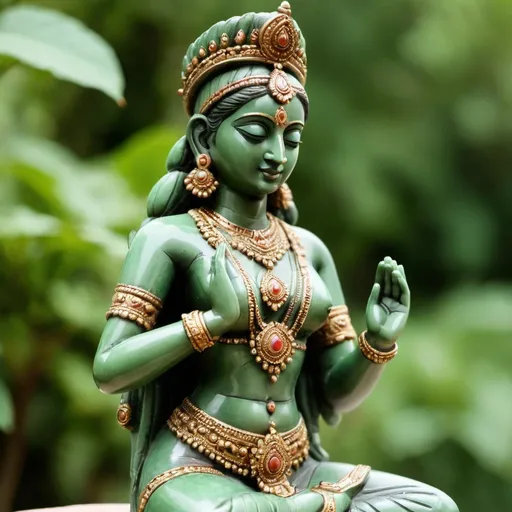 Prompt: Indian Statue, female harvest godess, caring, delicate jewellery, made of greenish stone, blessing pose