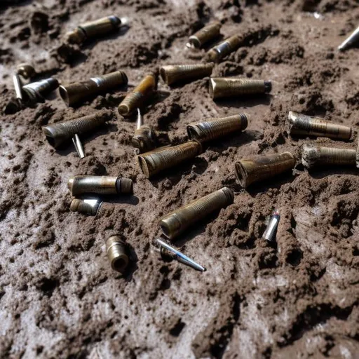 Prompt: spent bullet casings in mud