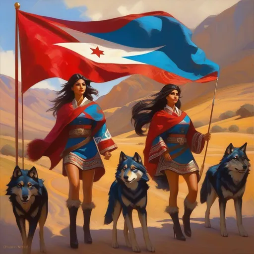 Prompt: Azeri wolfgirls, Azeri flag, cartoony style, extremely detailed painting by Greg Rutkowski and by Henry Justice Ford and by Steve Henderson 