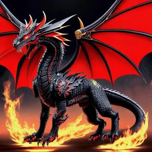 Prompt: black dragon, red eyes, spelling flames, particles floating, gold details on the scales of the dragon, big wings, focus on head, full body, clear
