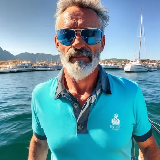 Prompt: photo of a confident, healthy, German, 45 year old, haired, grey bearded sailor looking magical and handsome wearing a turquoise polo shirt and sun glasses
while pulling the anchor on a raceboat.



