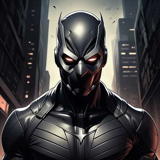 Prompt: (Man), (comic book style), (2D shaded illustration), sleek dark leather suit with subtle, tactical padding, imposing and mysterious appearance, dark mask covering entire face except for piercing eyes, dramatic shadows, bold lines, rich tones, dynamic pose, atmospheric background with dimly lit urban setting, high contrast, ultra-detailed artwork.