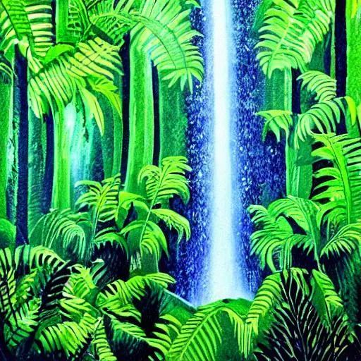 Prompt: bright green jungle abstract pointillism deep hidden exotic waterfall peaceful quiet dark