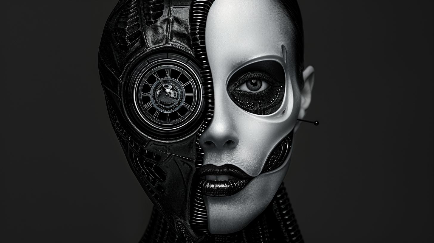 Prompt: london artist hsinalu scifi clock, in the style of fashion photography, dark silver and silver, canon eos 5d mark iv, body art, aggressive digital illustration, blink-and-you-miss-it detail, back button focus