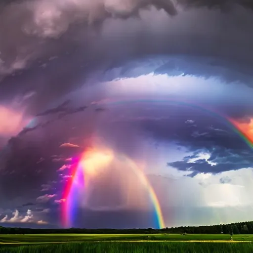 Prompt: rainbow during thunderstorm sky 