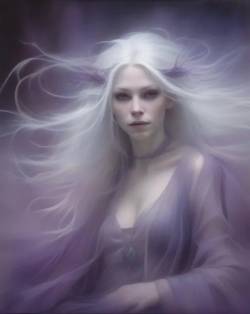 Prompt: An ethereal fantasy portrait of a pale witch with flowing white hair adorned in delicate sheer fabrics that seem to float around her. Soft focus and dreamy lighting create a magical mood. Mystical purple toned landscape background. Painted in the fantasy art style of Brian Froud.