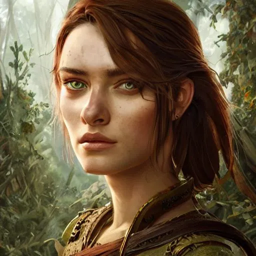 Prompt: Portrait of D&D character with brown hair and with a sculpted face, female, swordfighter, forest background, perfect composition, hyperrealistic, super detailed, 8k, high quality, trending art, trending on artstation, sharp focus, studio photo, intricate details, highly detailed, by greg rutkowski