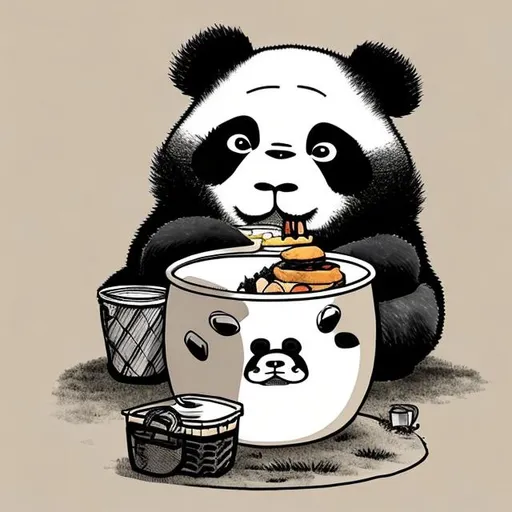 Prompt: "The Grumpy Panda's Picnic" - Show a grumpy panda sitting amidst a beautiful picnic setup, but it's clearly not in the mood to enjoy it.
