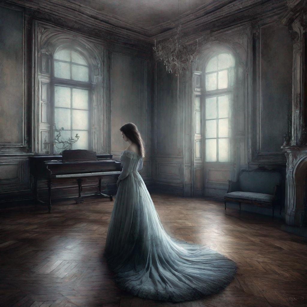 Single image A very beautiful dreamy ghostly young lady remains alone and eternally sad in her haun