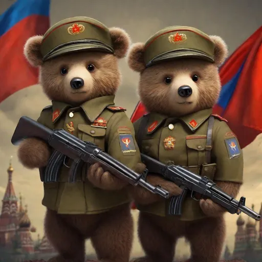 Prompt: two cute small brown bears wear Russian military uniforms, with Ak47 assault rifles in hand. Russian flag as background