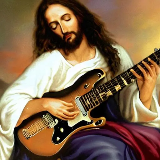 Prompt: Jesus  playing electric guitar
