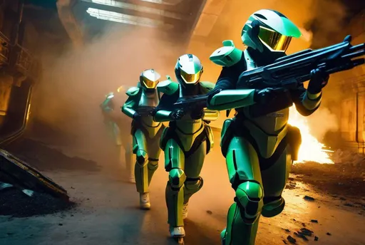 Prompt: 8K photo, cinematic, sci-fi, military, beautiful female officer, age 35, flowing white hair, green yellow black uniform, leads a group of robot infantry soldiers with glowing helmets and white uniforms, futuristic laser guns, in a shattered corridor, smoke, debris, flames, panoramic battle scene, high detail, fill light.