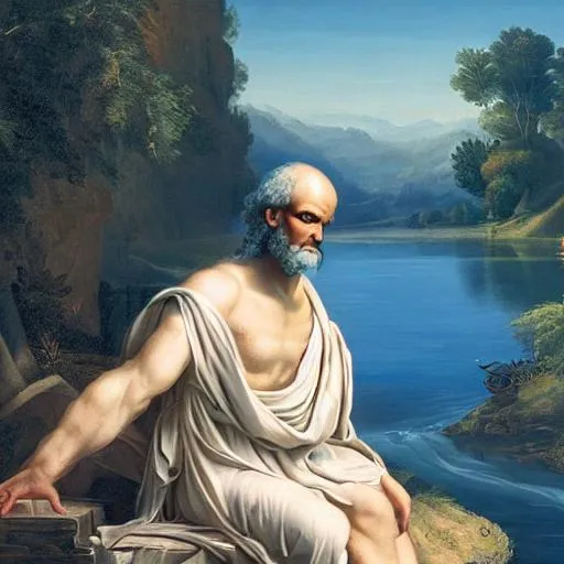 Prompt: Socrates by a river with dynamic lighting, hyper realistic UHD 64k