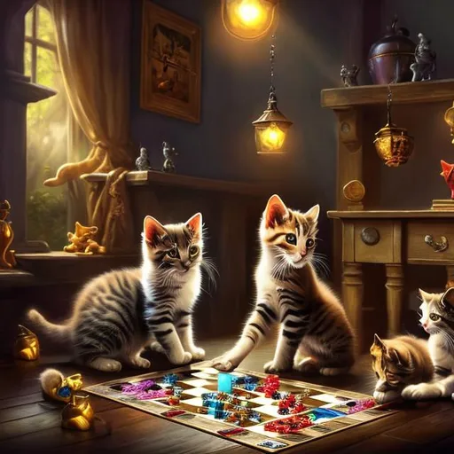 Prompt: kittens playing a board game dramatic lighting 4K Ultra HD 3D fanciful cat cute detailed realism