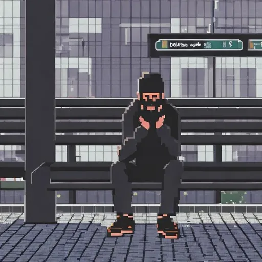 Prompt: A man sitting cross legged on a bench at a bus stop, pixel style, 4K portrait, hyperrealistic, realism ++ar 16:9 