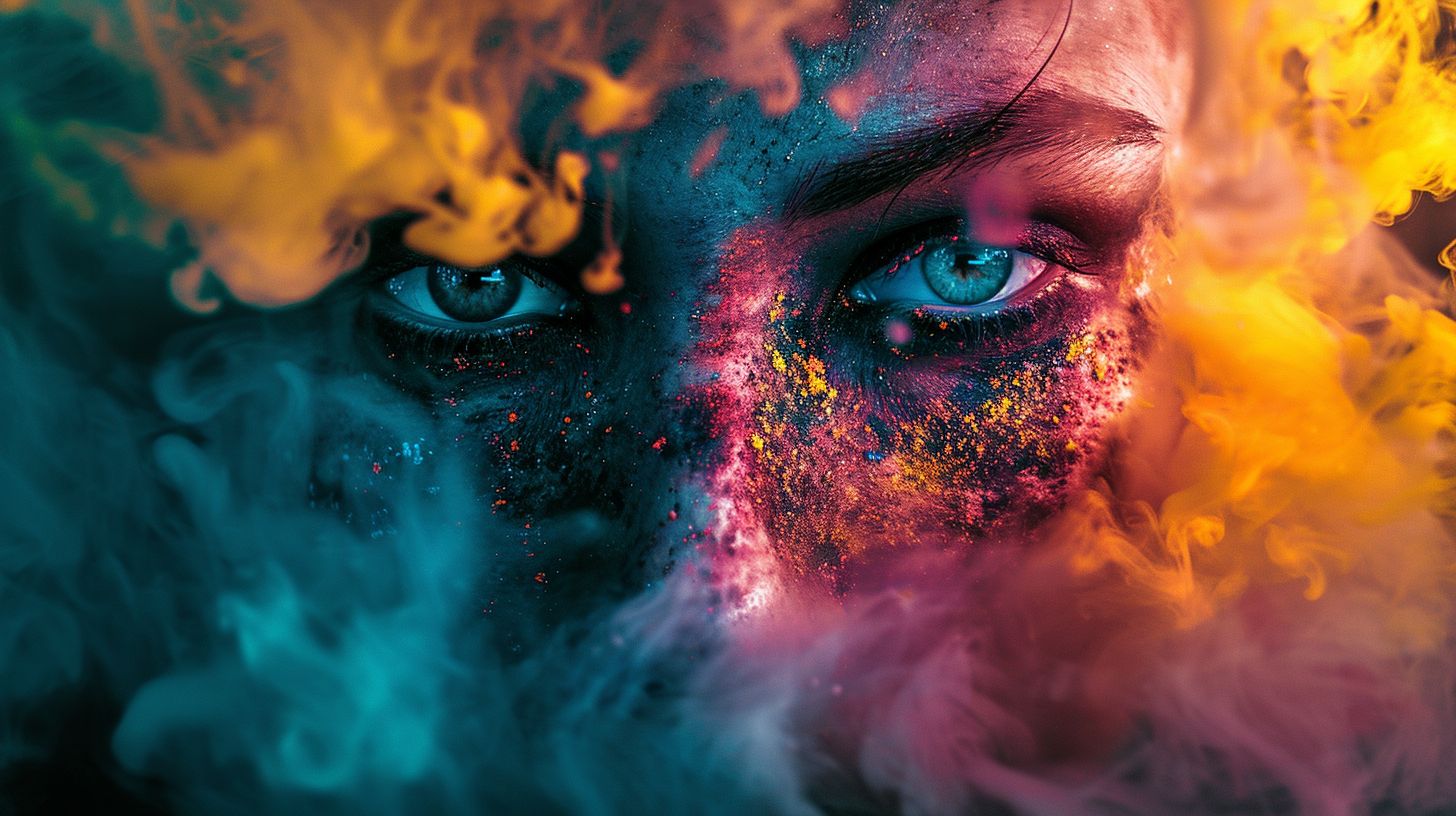 Prompt: Artistic rendering of a face where the eyes are the epicenter of dramatic smoke and explosions. The background is a blend of candycore and solarized colors, showcasing trapped emotions.