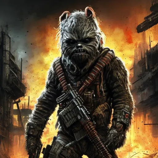 Prompt: Redesigned Gritty dark camouflage. Intense futuristic military commando-trained villain Todd McFarlane's ewok Spawn Bloody. Hurt. Damaged mask. Accurate. realistic. evil eyes. Slow exposure. Detailed. Dirty. Dark and gritty. Post-apocalyptic Neo Tokyo with fire and smoke .Futuristic. Shadows. Sinister. Armed. Fanatic. Intense. 