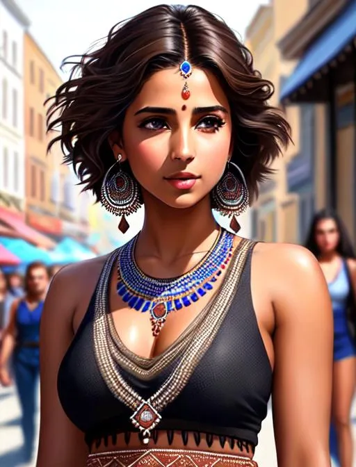 Prompt:  Naomi Scott singing, sleeveless, brown hair, brown eyes, in crowded town center, wearing tribal cueitl, ethereal, sad, jewelry set balayage wild hair, royal vibe, highly detailed, highly detailed face, digital painting, Trending on artstation , HD quality, tan skin,artgerm,  by Ilya Kuvshinov 