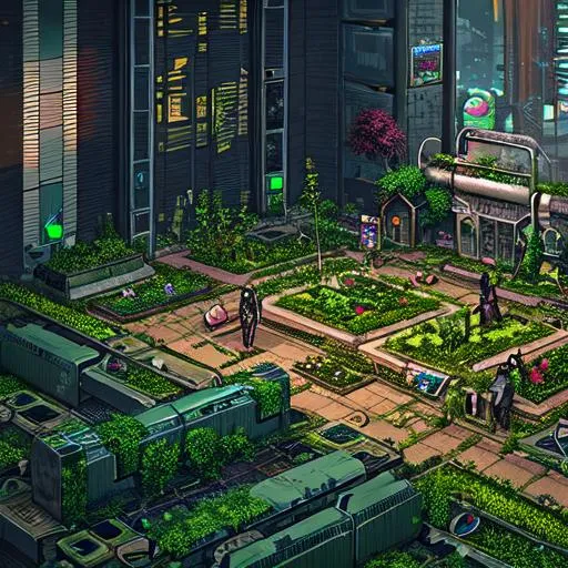 Prompt: cyberpunk underground people building gardens