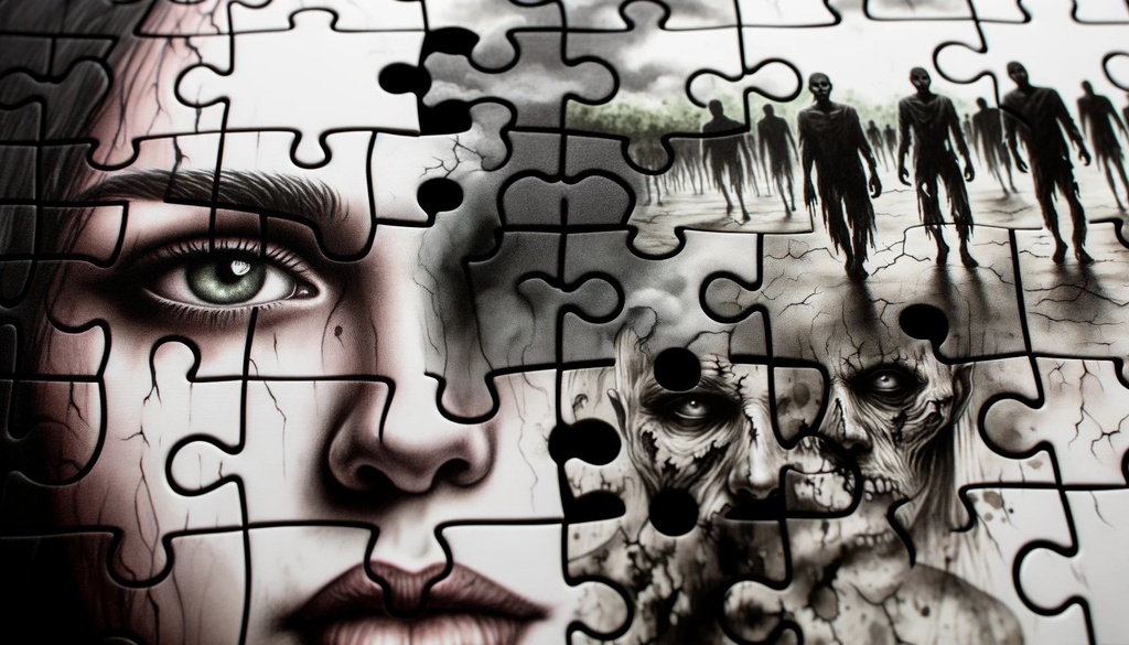 Prompt: a close up of a puzzle piece with a woman's face, desolate with zombies, depicting a young woman with black scars on her face, multi-layered artworks, showcasing the concept that there are two sides to the story, illustrating cognition, interconnections, and a scattered theme