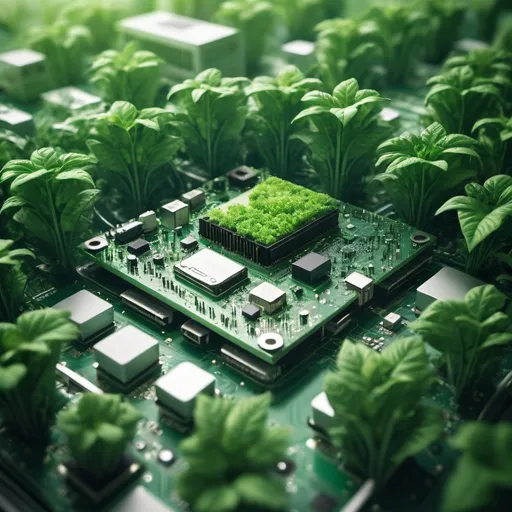 Prompt: Green computing green technology green and ethics concept. Buildings covered on the surfaces with the motherboard design and leaves with once only citizen 