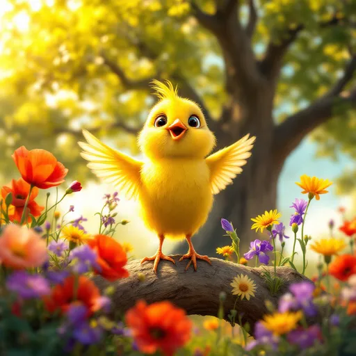 Prompt:  Sunny is a cheerful, energetic little bird who loves the morning. She's always the first to wake up and greet the day with a song. Sunny is curious and loves exploring the world around her, from the blooming flowers to the towering trees. She’s full of joy and spreads positivity wherever she goes. Her favorite thing is watching the sunrise and seeing the world come to life