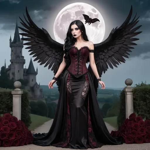 Prompt: A tall dark angel woman, with long black hair, brown eyes, black long wings, dressed with a black & bordeaux laces corset. She is adorned in an elegant black long gown with intricate lace details and stunning bordeaux roses. The background is a landscape with a goth castle, with big wolves, fullmoon, and black skulls on the ground. Full body photo.