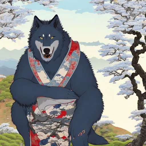Prompt: A portrait of a big fat dark blue wolf with a big white belly with White eyes and blue pupils wearing an unbuttoned kimono and wearing sandals on a hill behind a cherry tree