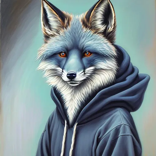Prompt: Dark blue anthropomorphic fox, white chest and front paws, grey stipes on hind legs and tail, white tips on his ears, human look and standing upright, wearing a black hoodie, oil painting, realistic