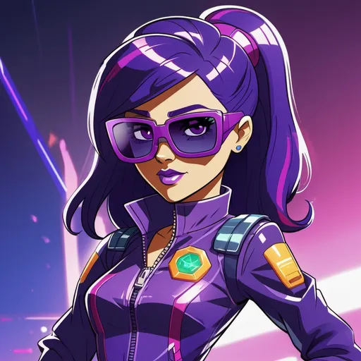 Prompt: cyberpunk equestria girls twilight sparkle wearing purple sunglasses and a high-tech jumpsuit 