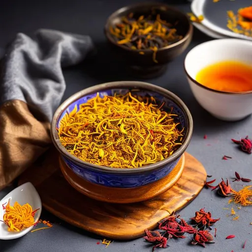 Prompt: saffron dish beside a cup full of saffron tea