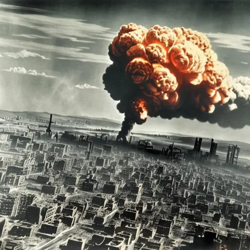 Prompt: Atomic bombing of a city, 1940's, colorized
