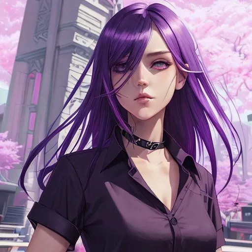 Prompt: illustration art, front, modern fashion, epic Instagram, artstation, hyperdetailed, unreal engine, modern anime anime style, complementary colors, 8k, deviantart masterpiece, oil painting, heavy strokes, young woman, violet hair, purple eyes, smilling, crossing her arms, collared shirt, tight sleeve shirt