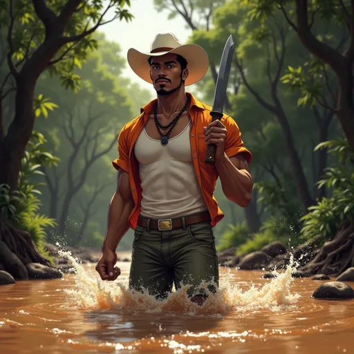 Prompt: In the heart of the Amazon, @TRzJfEbYXKjmZAhFV8fB, no shirt, wades waist-deep through a rushing muddy river, machete in hand, soaked and silent. He’s not running — he’s proving something to no one but himself.