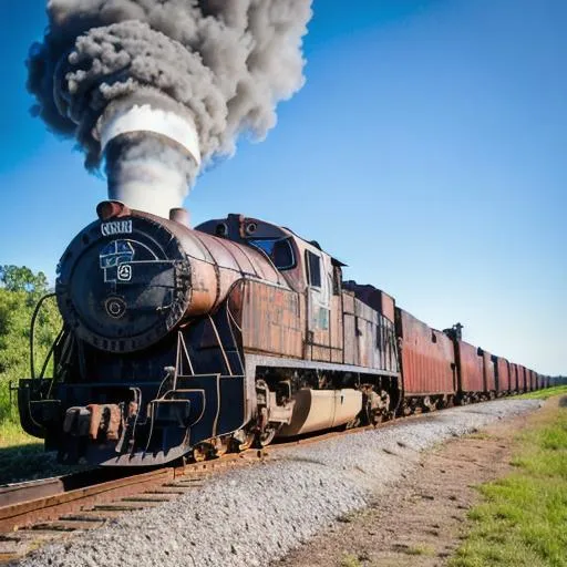 Prompt: an old rusty freight train with open freight cars filled with coal on old train tracks