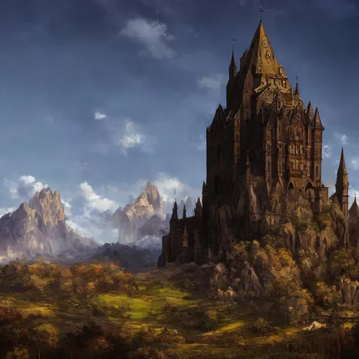 Prompt: anime european grand gothic castle landscape with mountains
