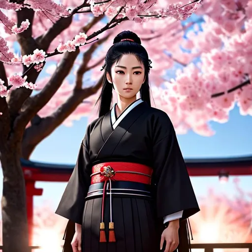 Prompt: Young Samurai with long black hair and ponytail, wearing samurai armor, standing in a Japanese temple, cherry blossom petals falling, illuminated lanterns, glowing sunrise, tranquil lighting, ethereal lighting, delicate shadows, ((beautiful detailed eyes, symmetrical eyes), dramatic lighting, (photorealism:1.5), (photorealistic:1.4), (8k, RAW photo, masterpiece), High detail RAW color photo, a professional photo, realistic, (highest quality), (best shadow), (best illustration), ultra high resolution, highly detailed CG unified 8K wallpapers, physics-based rendering, photo, realistic, realism, high contrast, hyperrealism, photography, f1.6 lens, rich colors, hyper-realistic lifelike texture, cinestill 800)