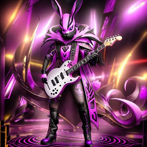 Prompt: beautiful freeform dark chaos vivid bold, 3D, HD, [{one}({Furry {one}{Rabbit}Guitarist, Beautiful big reflective eyes, long flowing hair]::2, (musical notes) with {purple gold pink green red silver blood}ink), pyrotechnics, expansive {music}stage background --s99500 