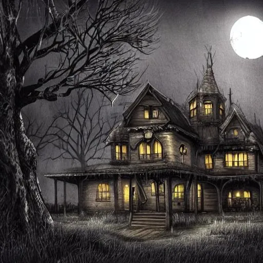 Prompt: Old wooden grungy dark evil haunted house with evil spirits with full moon cold fog atmosphere and trees illustration, Intricate, Symmetrical, highfantasy
