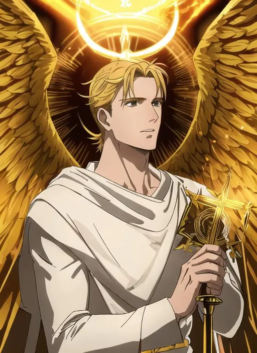 Prompt: Angel, halo, radiant golden light, seraph, six wings, photo realistic, Male, warrior, ancient, wallpaper, St michael, catholic, archangel, handsome, Male face, masculin face, 37 years old, Spears, fire, 16k, full body picture