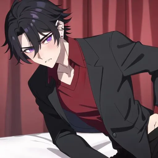 Prompt: Male young adult, 19, (Short black messy hair falling between the eyes, sharp and tired purple eyes, and a feminine body), red shirt untucked, black pants, sloppily dressed,  Black piercings, highly detailed face, 8K, Insane detail, best quality, UHD, highschooler, handsome, flirty, blushing, shy, unkempt apperance