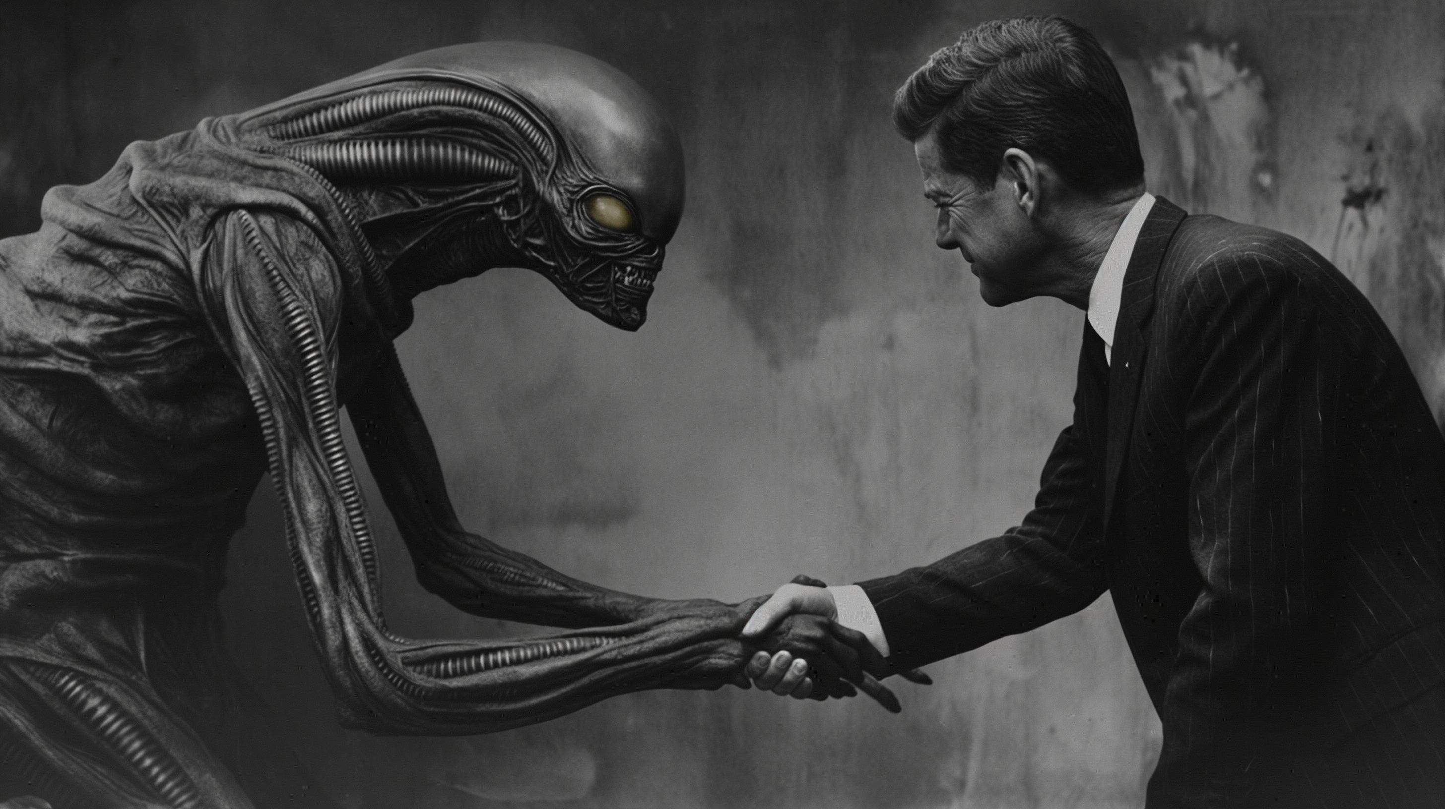 Prompt: a long slender alien cryptid (with bright yellow eyes and sharp white teeth) leaning down shaking hands with his long tentical hands to JFK, infront of roswell, black and white old photograph with cracks and damaged edges and coffee stains, hidden in an open box --ar 16:9