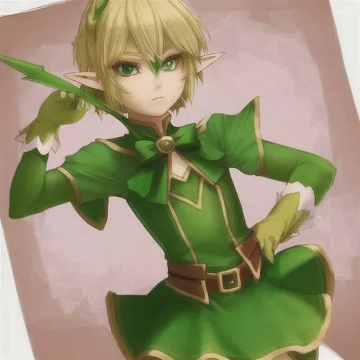 Prompt: An elf femboy, his clothes are green and with a little skirt, he has blond short hair, he has a magic bow with arrows, anime style