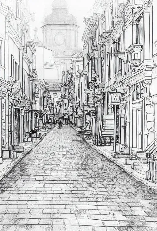 Prompt: Sketch for coloring of street

