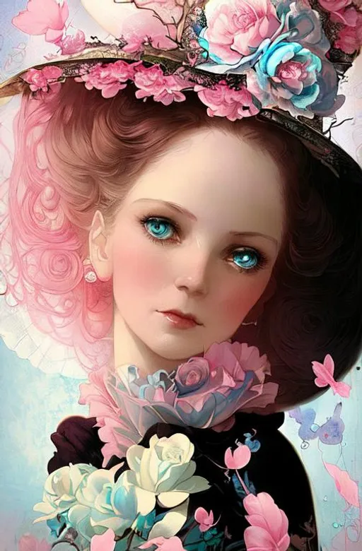 Prompt: Woman wearing light blue silk top hat.  Pink blossoms on light blue silk top hat. Gorgeous glowing beautiful charming cute, kind ghost woman portrait by Anna dittmann, gil elvgren , artgerm, catrin welz-stein, tom bagshaw, sachin teng, Viktoria Gavrilenko. Best quality 