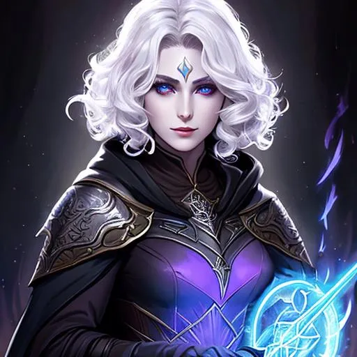 Prompt: dnd, dark elf, pale gray skin, glowing eyes, sorcerer, magic, portrait, short curly hair, female, Illustration, glowering tattoos, no armor, full robes with hood, no shoulder pads