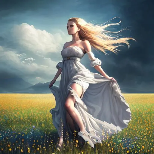 Prompt: A high quality romantic fantasy world with a photorealistic woman wearing a dress walking across a wind blown meadow
