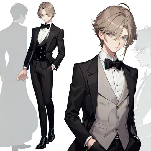 Prompt: Alex 1male. Short light brown hair. Soft and mesmerizing light grey eyes. Wearing a sleek black button-up shirt, paired with tailored black pants and shiny leather shoes. He completes the look with a stylish black vest and a classic black bow tie. 