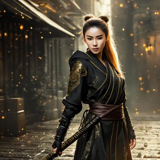 Prompt: create best quality photograph of beautiful elite female ninja in gold and black ninja style robes, Most beautiful ninja style background, detailed face, extremely detailed environment, extremely detailed background, extremely detailed skin, extremely detailed clothing, natural colors , professionally color graded, photorealism, 8k, realistic, moody lighting, ambience lighting, galactic environment, volumetric lighting